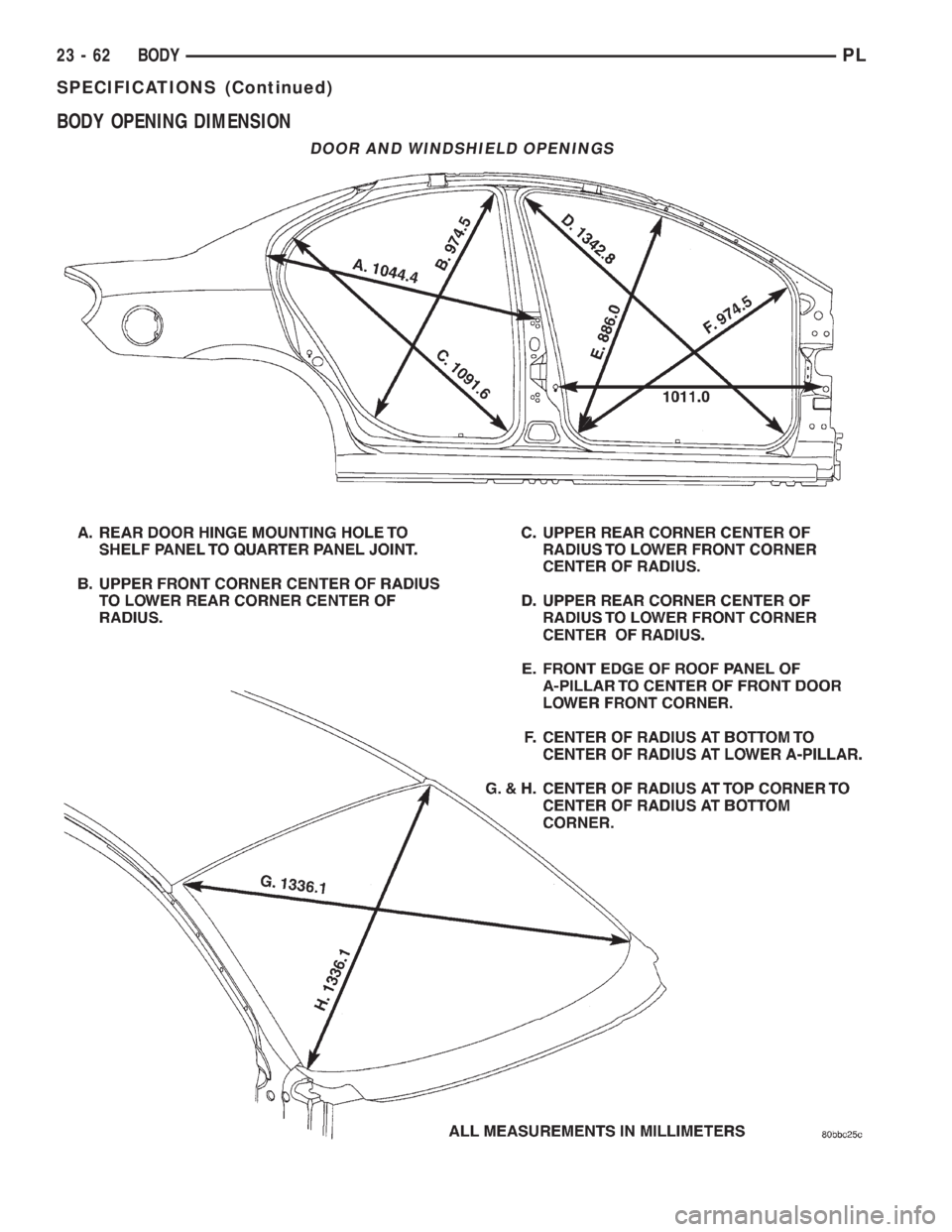 DODGE NEON 2000 Service Repair Manual BODY OPENING DIMENSION
DOOR AND WINDSHIELD OPENINGS
23 - 62 BODYPL
SPECIFICATIONS (Continued) DODGE NEON 2000 Service Repair Manual BODY OPENING DIMENSION
DOOR AND WINDSHIELD OPENINGS
23 - 62 BODYPL
SPECIFICATIONS (Continued)
