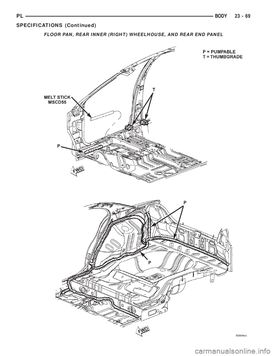 DODGE NEON 2000 Service Repair Manual FLOOR PAN, REAR INNER (RIGHT) WHEELHOUSE, AND REAR END PANEL
PLBODY 23 - 69
SPECIFICATIONS (Continued) DODGE NEON 2000 Service Repair Manual FLOOR PAN, REAR INNER (RIGHT) WHEELHOUSE, AND REAR END PANEL
PLBODY 23 - 69
SPECIFICATIONS (Continued)