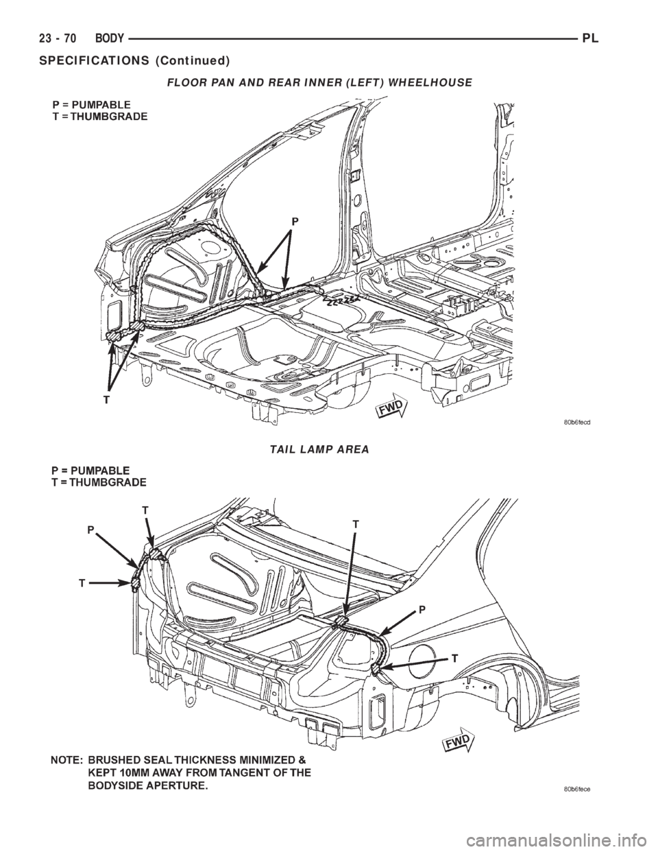 DODGE NEON 2000 Service Repair Manual FLOOR PAN AND REAR INNER (LEFT) WHEELHOUSE
TAIL LAMP AREA
23 - 70 BODYPL
SPECIFICATIONS (Continued) DODGE NEON 2000 Service Repair Manual FLOOR PAN AND REAR INNER (LEFT) WHEELHOUSE
TAIL LAMP AREA
23 - 70 BODYPL
SPECIFICATIONS (Continued)