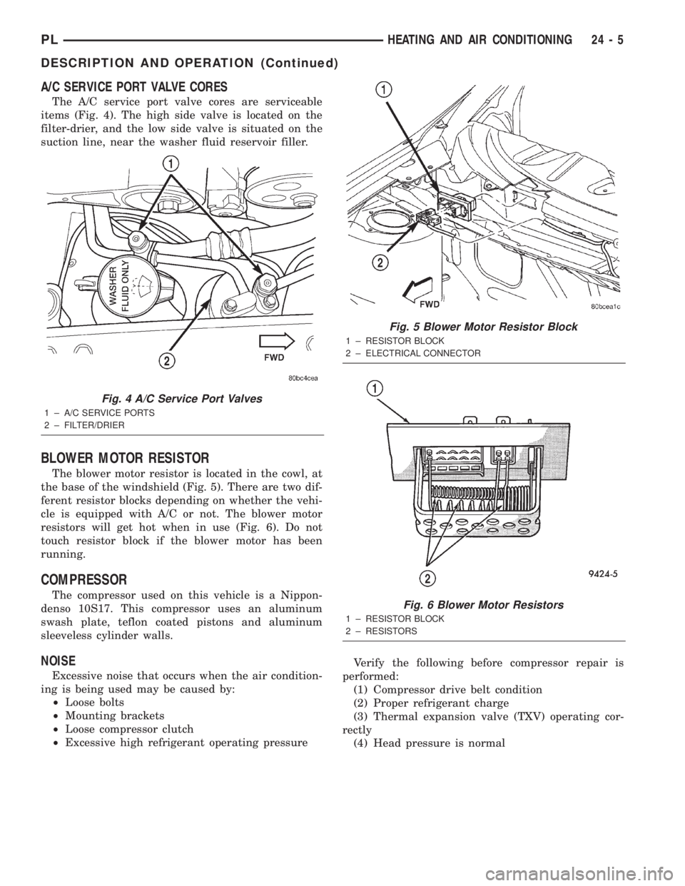 DODGE NEON 2000 Service Repair Manual A/C SERVICE PORT VALVE CORES
The A/C service port valve cores are serviceable
items (Fig. 4). The high side valve is located on the
filter-drier, and the low side valve is situated on the
suction line DODGE NEON 2000 Service Repair Manual A/C SERVICE PORT VALVE CORES
The A/C service port valve cores are serviceable
items (Fig. 4). The high side valve is located on the
filter-drier, and the low side valve is situated on the
suction line