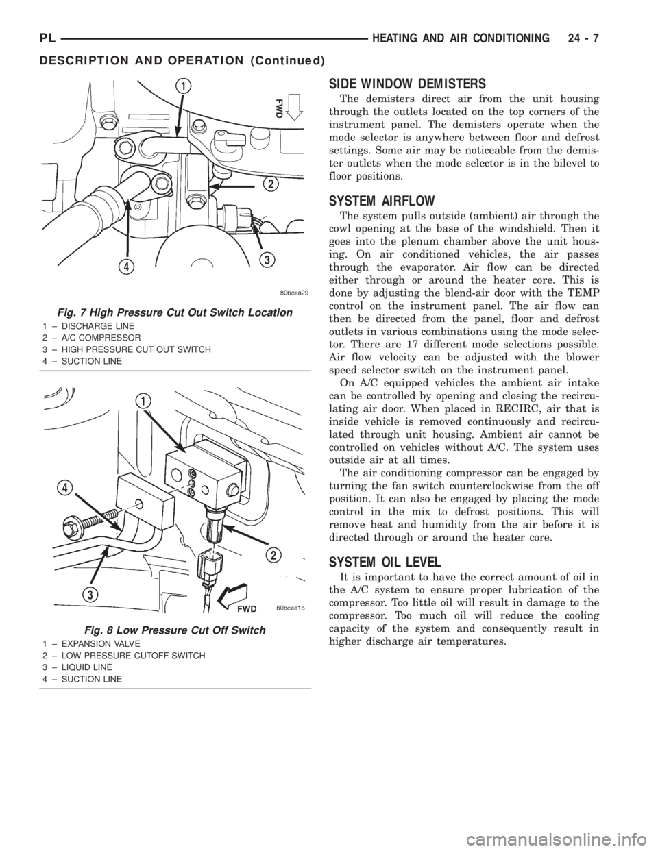 DODGE NEON 2000 Service Repair Manual SIDE WINDOW DEMISTERS
The demisters direct air from the unit housing
through the outlets located on the top corners of the
instrument panel. The demisters operate when the
mode selector is anywhere be DODGE NEON 2000 Service Repair Manual SIDE WINDOW DEMISTERS
The demisters direct air from the unit housing
through the outlets located on the top corners of the
instrument panel. The demisters operate when the
mode selector is anywhere be