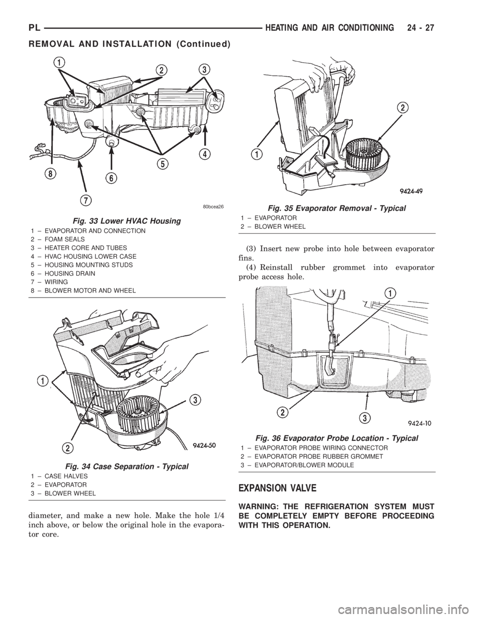 DODGE NEON 2000 Service Repair Manual diameter, and make a new hole. Make the hole 1/4
inch above, or below the original hole in the evapora-
tor core.(3) Insert new probe into hole between evaporator
fins.
(4) Reinstall rubber grommet in DODGE NEON 2000 Service Repair Manual diameter, and make a new hole. Make the hole 1/4
inch above, or below the original hole in the evapora-
tor core.(3) Insert new probe into hole between evaporator
fins.
(4) Reinstall rubber grommet in