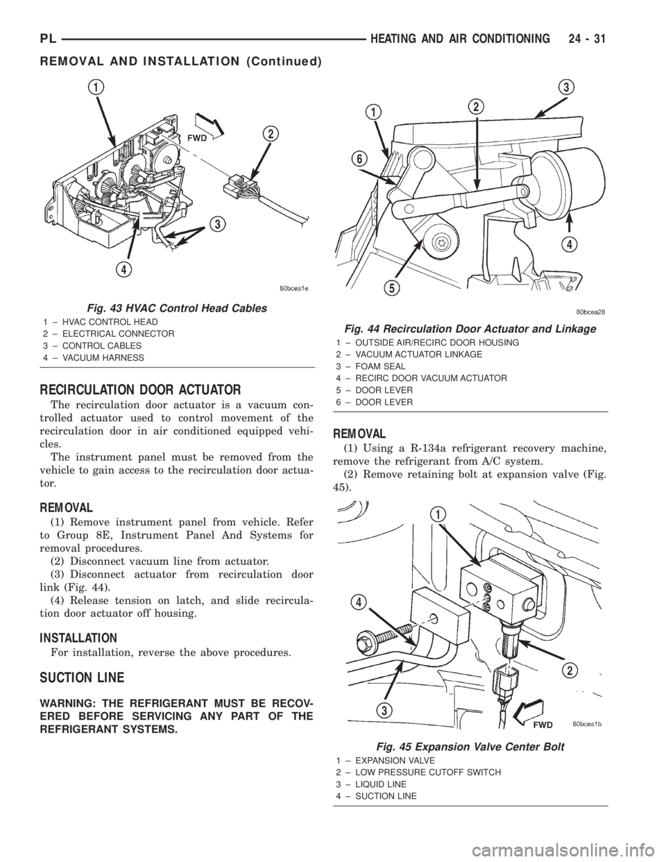 DODGE NEON 2000 Service Repair Manual RECIRCULATION DOOR ACTUATOR
The recirculation door actuator is a vacuum con-
trolled actuator used to control movement of the
recirculation door in air conditioned equipped vehi-
cles.
The instrument DODGE NEON 2000 Service Repair Manual RECIRCULATION DOOR ACTUATOR
The recirculation door actuator is a vacuum con-
trolled actuator used to control movement of the
recirculation door in air conditioned equipped vehi-
cles.
The instrument