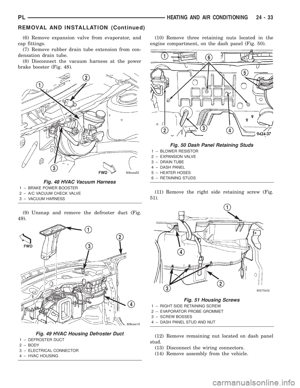 DODGE NEON 2000 Service Repair Manual (6) Remove expansion valve from evaporator, and
cap fittings.
(7) Remove rubber drain tube extension from con-
densation drain tube.
(8) Disconnect the vacuum harness at the power
brake booster (Fig. DODGE NEON 2000 Service Repair Manual (6) Remove expansion valve from evaporator, and
cap fittings.
(7) Remove rubber drain tube extension from con-
densation drain tube.
(8) Disconnect the vacuum harness at the power
brake booster (Fig.