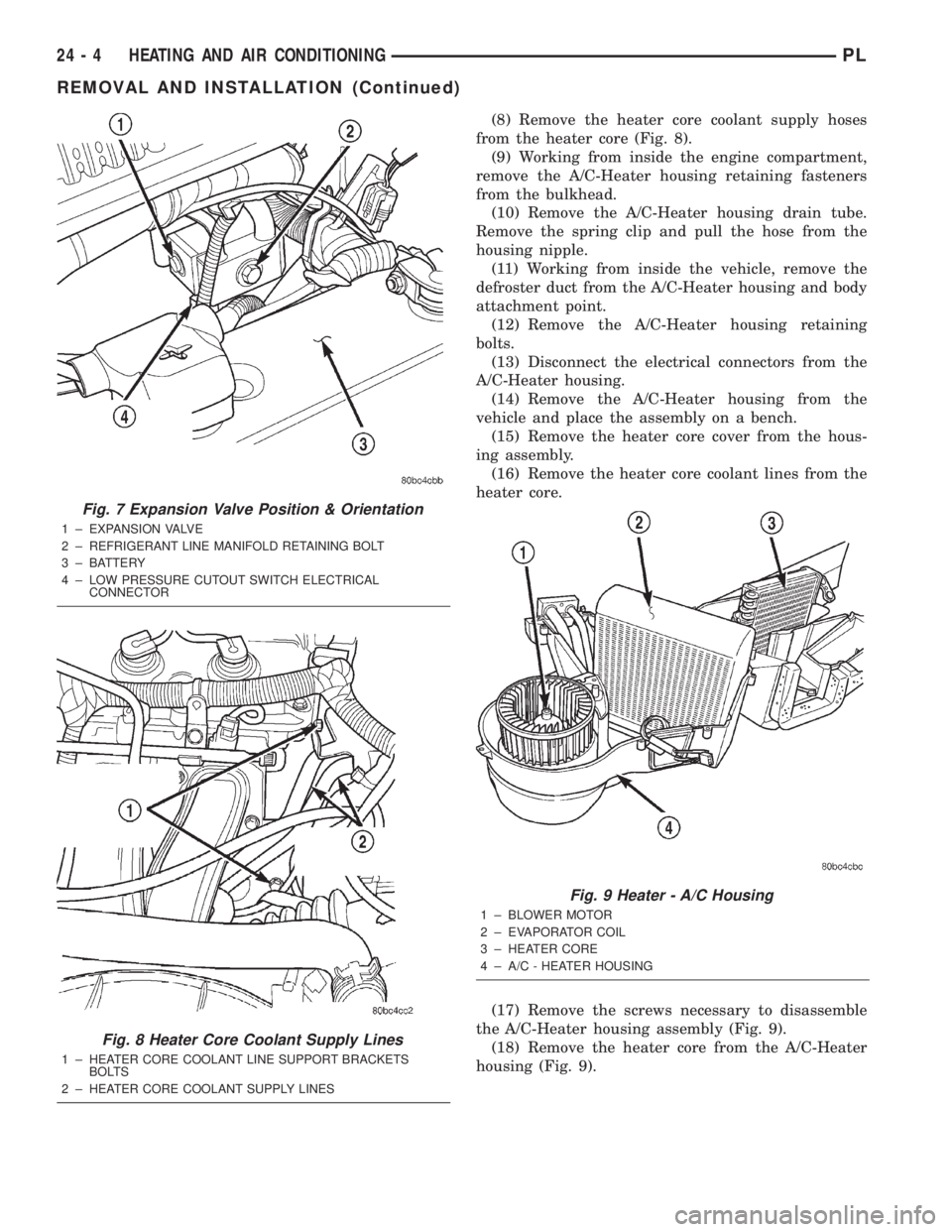 DODGE NEON 2000 Service Repair Manual (8) Remove the heater core coolant supply hoses
from the heater core (Fig. 8).
(9) Working from inside the engine compartment,
remove the A/C-Heater housing retaining fasteners
from the bulkhead.
(10) DODGE NEON 2000 Service Repair Manual (8) Remove the heater core coolant supply hoses
from the heater core (Fig. 8).
(9) Working from inside the engine compartment,
remove the A/C-Heater housing retaining fasteners
from the bulkhead.
(10)