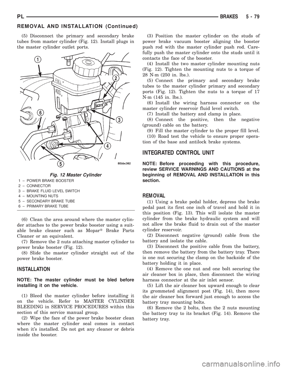 DODGE NEON 2000  Service Repair Manual (5) Disconnect the primary and secondary brake
tubes from master cylinder (Fig. 12). Install plugs in
the master cylinder outlet ports.
(6) Clean the area around where the master cylin-
der attaches t