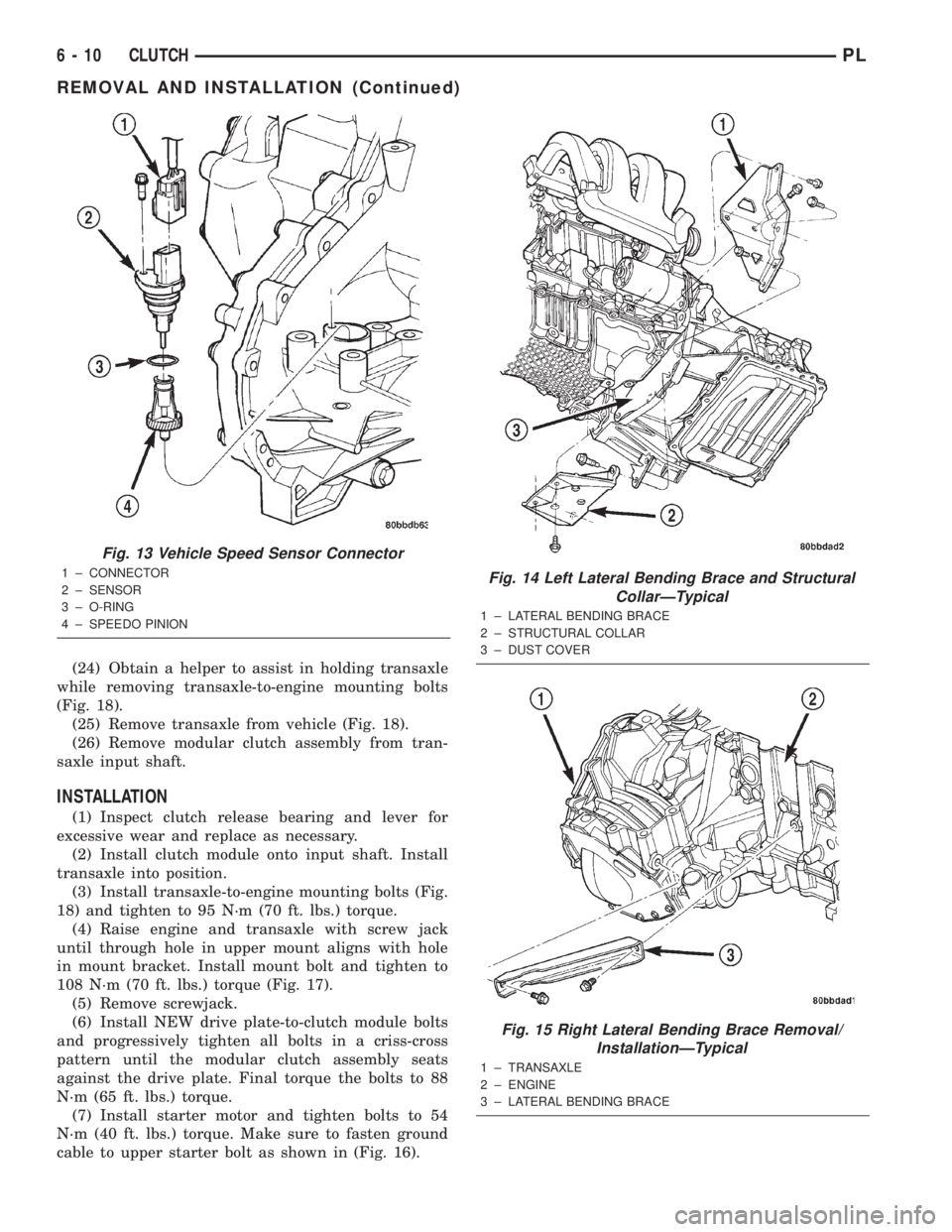 DODGE NEON 2000 Service Repair Manual (24) Obtain a helper to assist in holding transaxle
while removing transaxle-to-engine mounting bolts
(Fig. 18).
(25) Remove transaxle from vehicle (Fig. 18).
(26) Remove modular clutch assembly from DODGE NEON 2000 Service Repair Manual (24) Obtain a helper to assist in holding transaxle
while removing transaxle-to-engine mounting bolts
(Fig. 18).
(25) Remove transaxle from vehicle (Fig. 18).
(26) Remove modular clutch assembly from