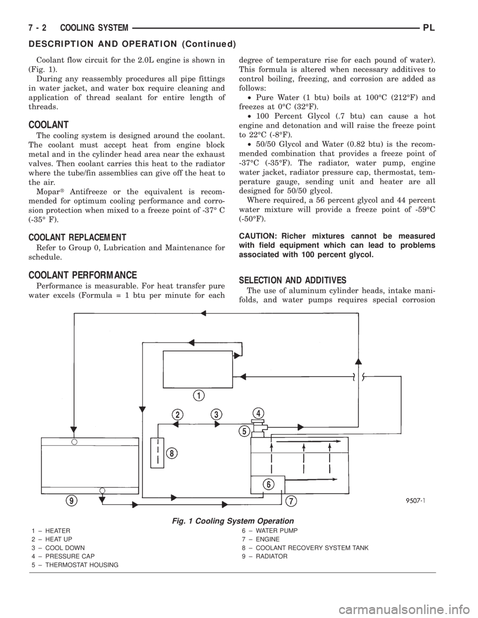 DODGE NEON 2000  Service Repair Manual Coolant flow circuit for the 2.0L engine is shown in
(Fig. 1).
During any reassembly procedures all pipe fittings
in water jacket, and water box require cleaning and
application of thread sealant for 