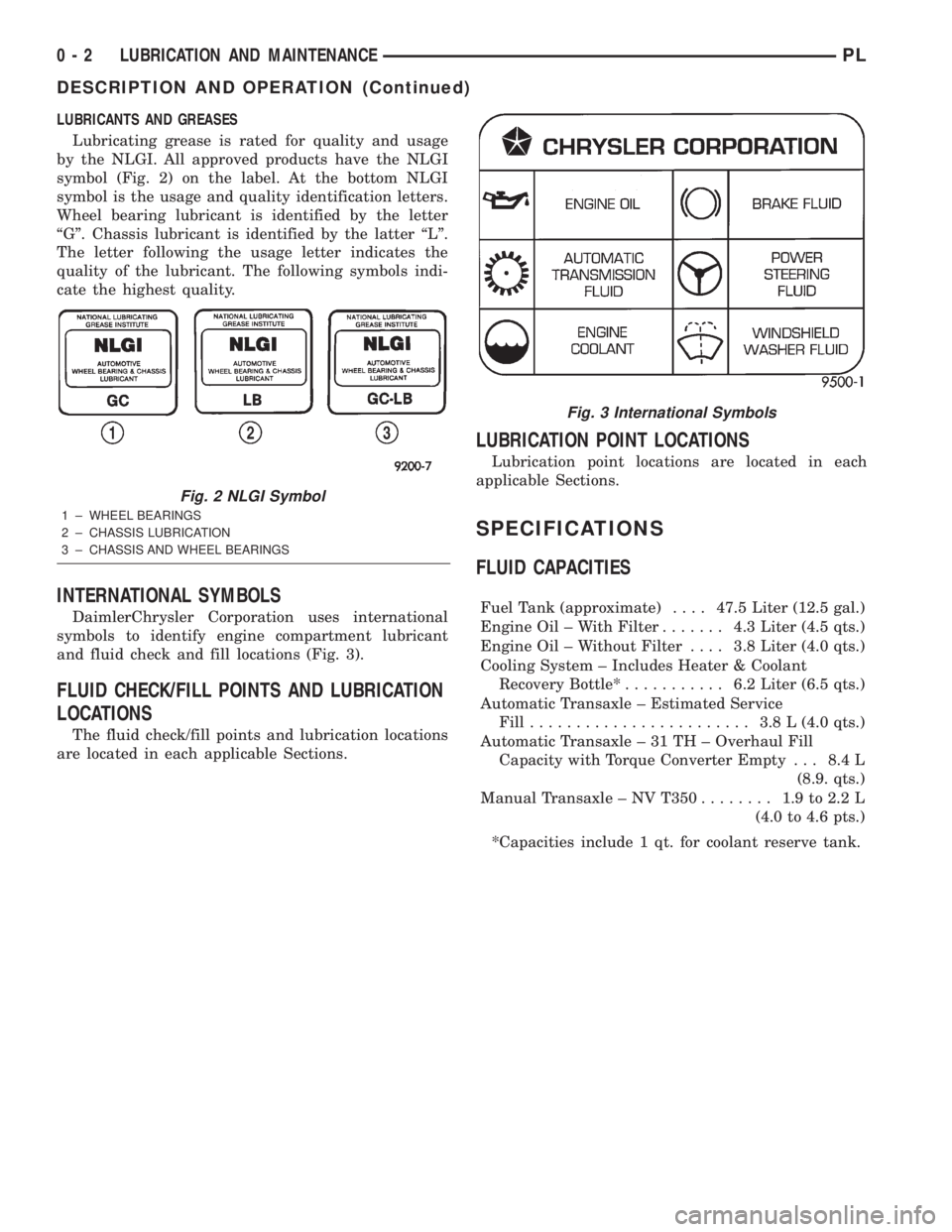 DODGE NEON 2000  Service Repair Manual LUBRICANTS AND GREASES
Lubricating grease is rated for quality and usage
by the NLGI. All approved products have the NLGI
symbol (Fig. 2) on the label. At the bottom NLGI
symbol is the usage and quali