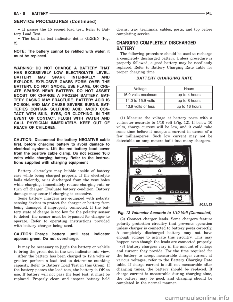 DODGE NEON 2000 Service Repair Manual ²It passes the 15 second load test. Refer to Bat-
tery Load Test.
²The built in test indicator dot is GREEN (Fig.
2).
NOTE: The battery cannot be refilled with water, it
must be replaced.
WARNING: D DODGE NEON 2000 Service Repair Manual ²It passes the 15 second load test. Refer to Bat-
tery Load Test.
²The built in test indicator dot is GREEN (Fig.
2).
NOTE: The battery cannot be refilled with water, it
must be replaced.
WARNING: D