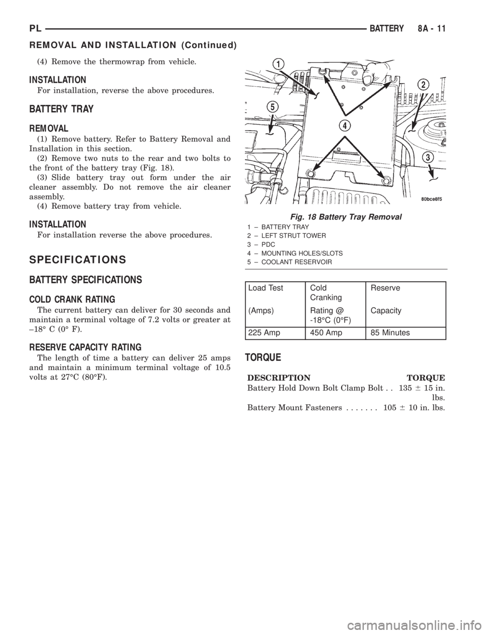 DODGE NEON 2000 Service Repair Manual (4) Remove the thermowrap from vehicle.
INSTALLATION
For installation, reverse the above procedures.
BATTERY TRAY
REMOVAL
(1) Remove battery. Refer to Battery Removal and
Installation in this section. DODGE NEON 2000 Service Repair Manual (4) Remove the thermowrap from vehicle.
INSTALLATION
For installation, reverse the above procedures.
BATTERY TRAY
REMOVAL
(1) Remove battery. Refer to Battery Removal and
Installation in this section.