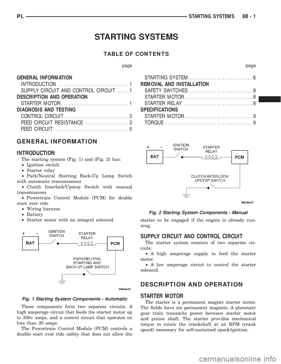 DODGE NEON 2000 Service Repair Manual STARTING SYSTEMS
TABLE OF CONTENTS
page page
GENERAL INFORMATION
INTRODUCTION..........................1
SUPPLY CIRCUIT AND CONTROL CIRCUIT.....1
DESCRIPTION AND OPERATION
STARTER MOTOR............... DODGE NEON 2000 Service Repair Manual STARTING SYSTEMS
TABLE OF CONTENTS
page page
GENERAL INFORMATION
INTRODUCTION..........................1
SUPPLY CIRCUIT AND CONTROL CIRCUIT.....1
DESCRIPTION AND OPERATION
STARTER MOTOR...............