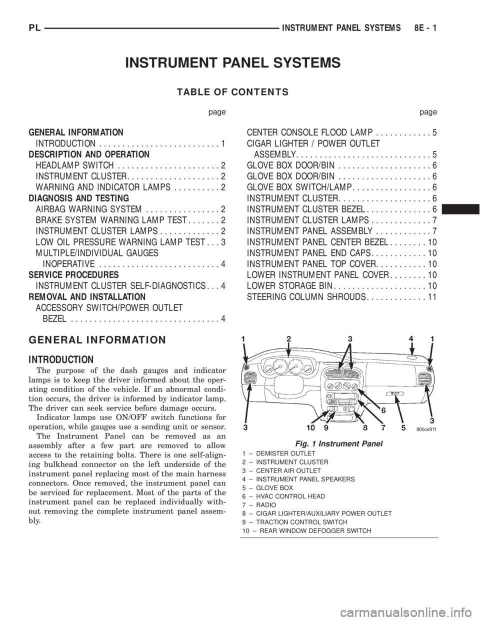 DODGE NEON 2000 Service Repair Manual INSTRUMENT PANEL SYSTEMS
TABLE OF CONTENTS
page page
GENERAL INFORMATION
INTRODUCTION..........................1
DESCRIPTION AND OPERATION
HEADLAMP SWITCH......................2
INSTRUMENT CLUSTER.... DODGE NEON 2000 Service Repair Manual INSTRUMENT PANEL SYSTEMS
TABLE OF CONTENTS
page page
GENERAL INFORMATION
INTRODUCTION..........................1
DESCRIPTION AND OPERATION
HEADLAMP SWITCH......................2
INSTRUMENT CLUSTER....