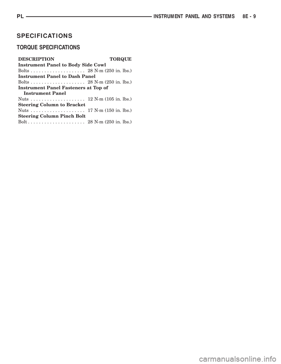 DODGE NEON 2000 Service Repair Manual SPECIFICATIONS
TORQUE SPECIFICATIONS
DESCRIPTION TORQUE
Instrument Panel to Body Side Cowl
Bolts.................... 28N´m(250 in. lbs.)
Instrument Panel to Dash Panel
Bolts.................... 28N´ DODGE NEON 2000 Service Repair Manual SPECIFICATIONS
TORQUE SPECIFICATIONS
DESCRIPTION TORQUE
Instrument Panel to Body Side Cowl
Bolts.................... 28N´m(250 in. lbs.)
Instrument Panel to Dash Panel
Bolts.................... 28N´