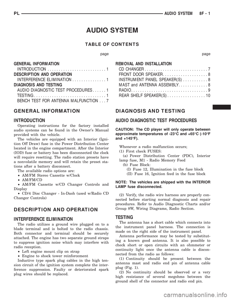 DODGE NEON 2000 Service Repair Manual AUDIO SYSTEM
TABLE OF CONTENTS
page page
GENERAL INFORMATION
INTRODUCTION..........................1
DESCRIPTION AND OPERATION
INTERFERENCE ELIMINATION...............1
DIAGNOSIS AND TESTING
AUDIO DIAG DODGE NEON 2000 Service Repair Manual AUDIO SYSTEM
TABLE OF CONTENTS
page page
GENERAL INFORMATION
INTRODUCTION..........................1
DESCRIPTION AND OPERATION
INTERFERENCE ELIMINATION...............1
DIAGNOSIS AND TESTING
AUDIO DIAG