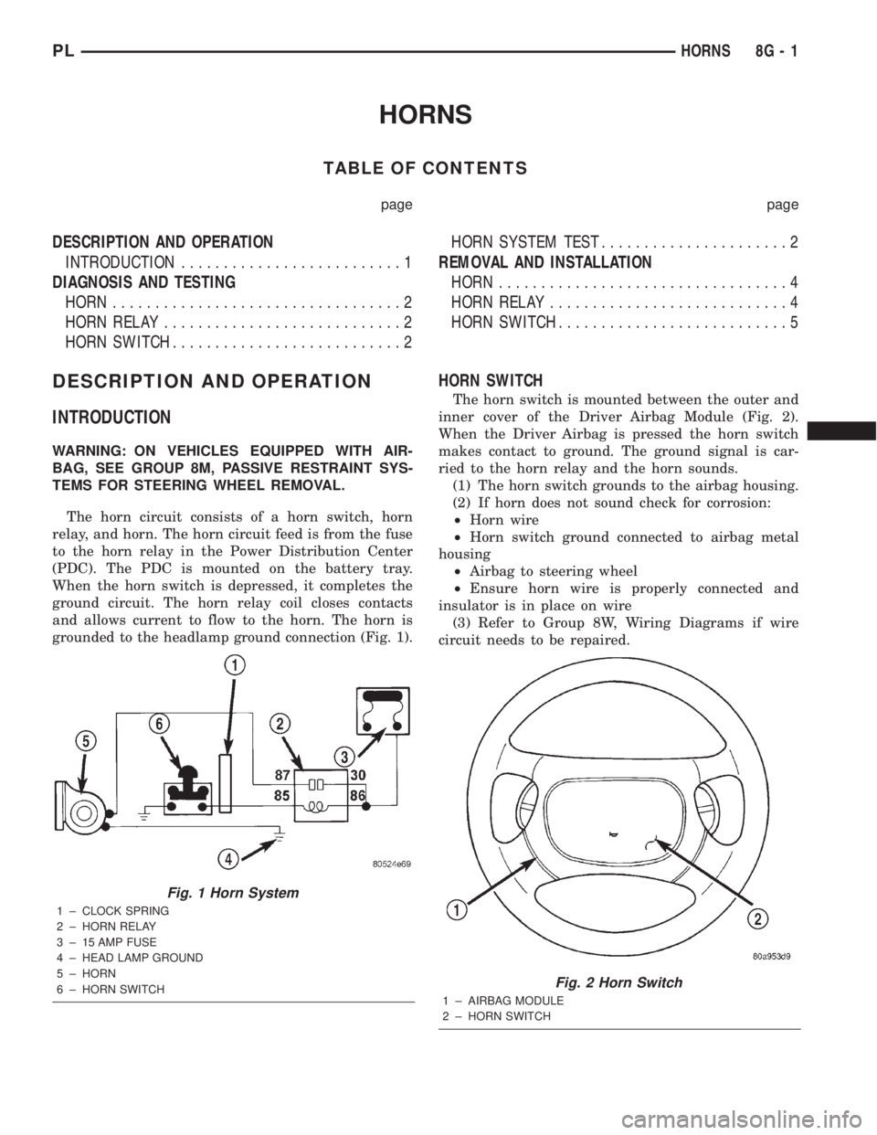 DODGE NEON 2000 Service Repair Manual HORNS
TABLE OF CONTENTS
page page
DESCRIPTION AND OPERATION
INTRODUCTION..........................1
DIAGNOSIS AND TESTING
HORN..................................2
HORN RELAY............................ DODGE NEON 2000 Service Repair Manual HORNS
TABLE OF CONTENTS
page page
DESCRIPTION AND OPERATION
INTRODUCTION..........................1
DIAGNOSIS AND TESTING
HORN..................................2
HORN RELAY............................