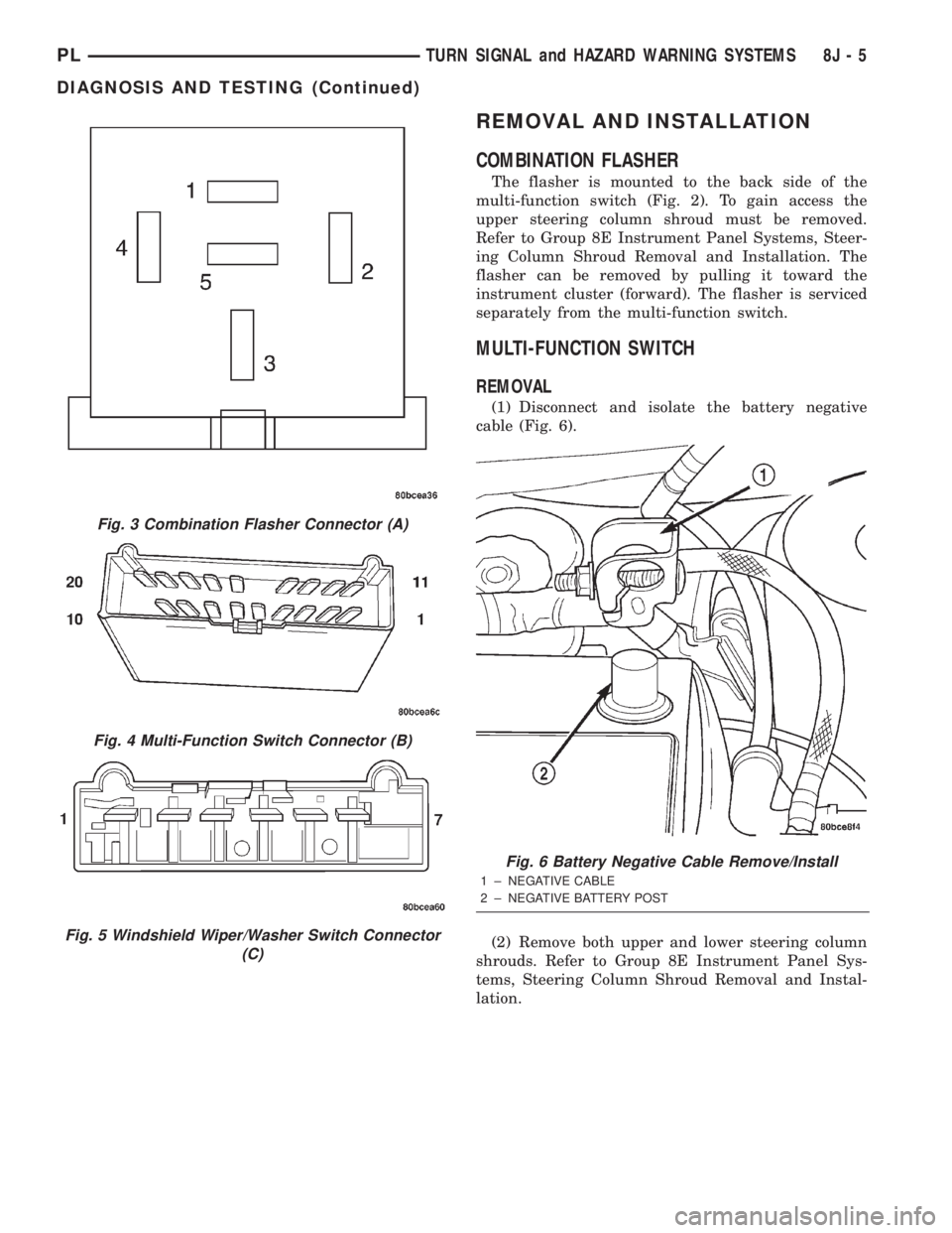DODGE NEON 2000 Service Repair Manual REMOVAL AND INSTALLATION
COMBINATION FLASHER
The flasher is mounted to the back side of the
multi-function switch (Fig. 2). To gain access the
upper steering column shroud must be removed.
Refer to Gr DODGE NEON 2000 Service Repair Manual REMOVAL AND INSTALLATION
COMBINATION FLASHER
The flasher is mounted to the back side of the
multi-function switch (Fig. 2). To gain access the
upper steering column shroud must be removed.
Refer to Gr