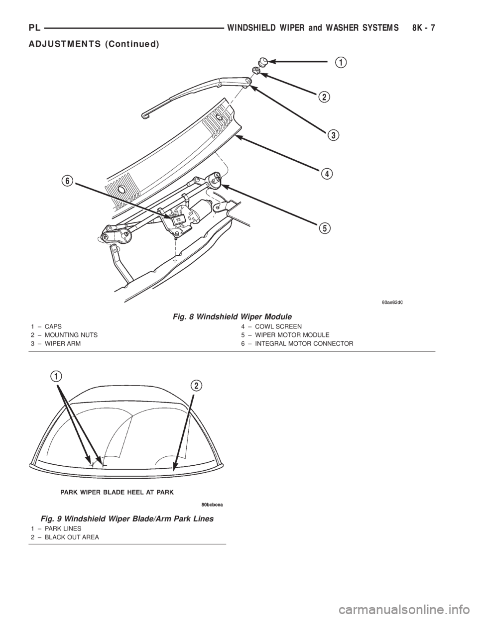 DODGE NEON 2000 Service Repair Manual Fig. 8 Windshield Wiper Module
1 ± CAPS
2 ± MOUNTING NUTS
3 ± WIPER ARM4 ± COWL SCREEN
5 ± WIPER MOTOR MODULE
6 ± INTEGRAL MOTOR CONNECTOR
Fig. 9 Windshield Wiper Blade/Arm Park Lines
1 ± PARK DODGE NEON 2000 Service Repair Manual Fig. 8 Windshield Wiper Module
1 ± CAPS
2 ± MOUNTING NUTS
3 ± WIPER ARM4 ± COWL SCREEN
5 ± WIPER MOTOR MODULE
6 ± INTEGRAL MOTOR CONNECTOR
Fig. 9 Windshield Wiper Blade/Arm Park Lines
1 ± PARK