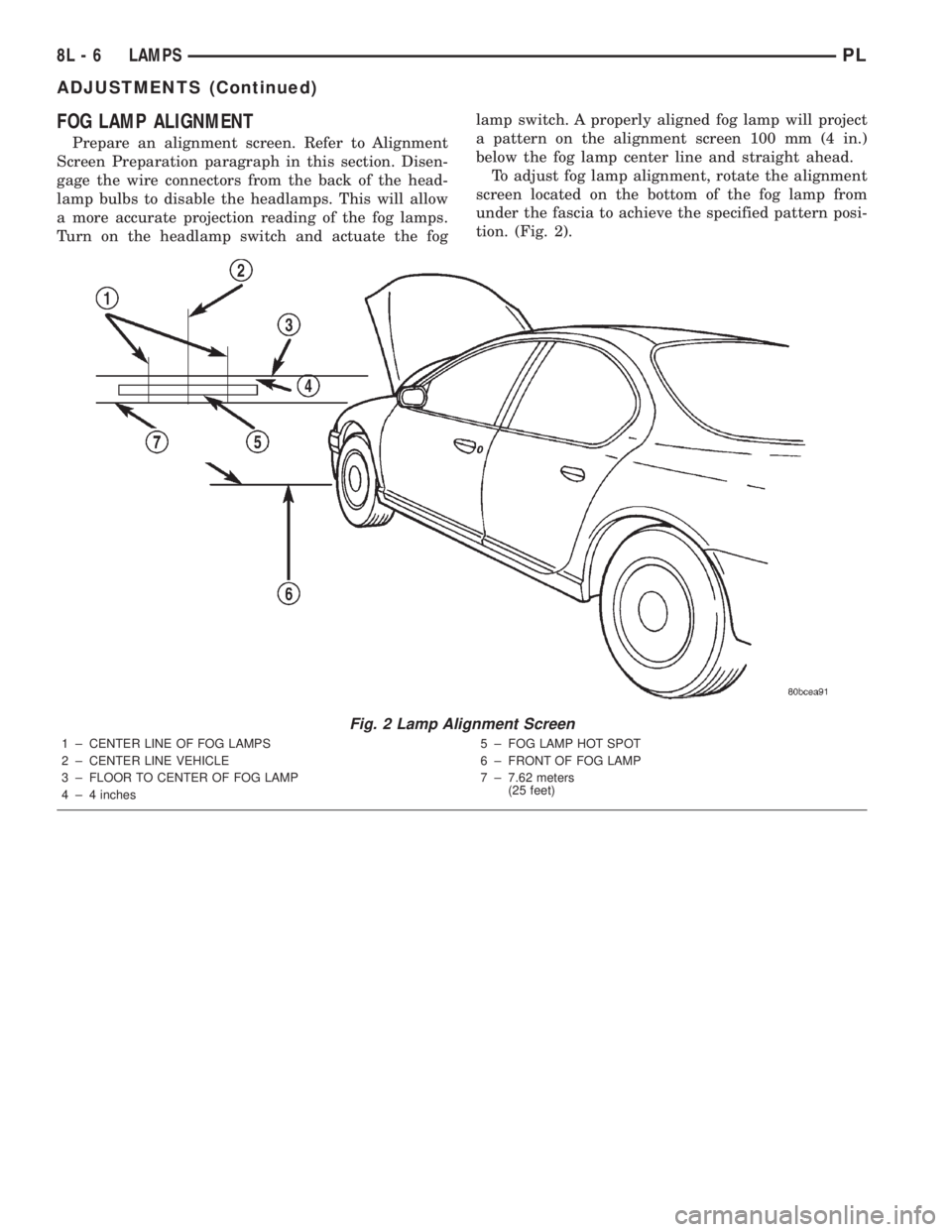 DODGE NEON 2000 Service Repair Manual FOG LAMP ALIGNMENT
Prepare an alignment screen. Refer to Alignment
Screen Preparation paragraph in this section. Disen-
gage the wire connectors from the back of the head-
lamp bulbs to disable the he DODGE NEON 2000 Service Repair Manual FOG LAMP ALIGNMENT
Prepare an alignment screen. Refer to Alignment
Screen Preparation paragraph in this section. Disen-
gage the wire connectors from the back of the head-
lamp bulbs to disable the he