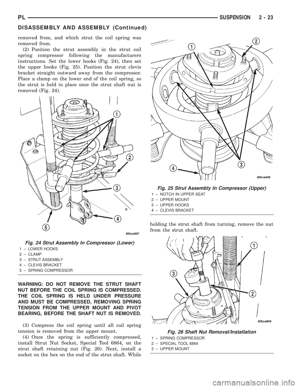 DODGE NEON 2000  Service Repair Manual removed from, and which strut the coil spring was
removed from.
(2) Position the strut assembly in the strut coil
spring compressor following the manufacturers
instructions. Set the lower hooks (Fig. 