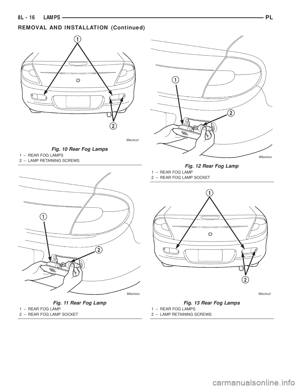 DODGE NEON 2000 Service Repair Manual Fig. 10 Rear Fog Lamps
1 ± REAR FOG LAMPS
2 ± LAMP RETAINING SCREWS
Fig. 11 Rear Fog Lamp
1 ± REAR FOG LAMP
2 ± REAR FOG LAMP SOCKET
Fig. 12 Rear Fog Lamp
1 ± REAR FOG LAMP
2 ± REAR FOG LAMP SOC DODGE NEON 2000 Service Repair Manual Fig. 10 Rear Fog Lamps
1 ± REAR FOG LAMPS
2 ± LAMP RETAINING SCREWS
Fig. 11 Rear Fog Lamp
1 ± REAR FOG LAMP
2 ± REAR FOG LAMP SOCKET
Fig. 12 Rear Fog Lamp
1 ± REAR FOG LAMP
2 ± REAR FOG LAMP SOC