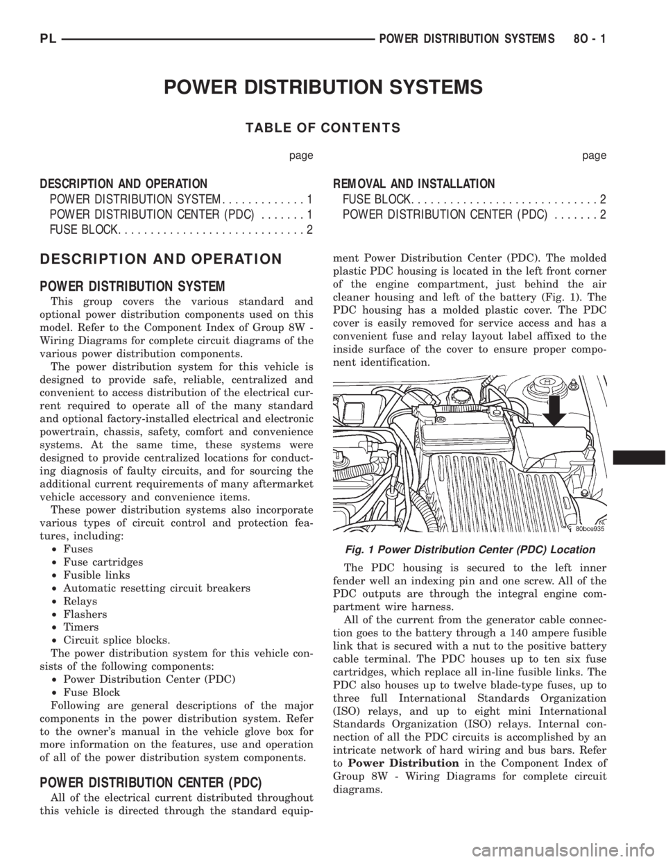DODGE NEON 2000 Service Repair Manual POWER DISTRIBUTION SYSTEMS
TABLE OF CONTENTS
page page
DESCRIPTION AND OPERATION
POWER DISTRIBUTION SYSTEM.............1
POWER DISTRIBUTION CENTER (PDC).......1
FUSE BLOCK............................. DODGE NEON 2000 Service Repair Manual POWER DISTRIBUTION SYSTEMS
TABLE OF CONTENTS
page page
DESCRIPTION AND OPERATION
POWER DISTRIBUTION SYSTEM.............1
POWER DISTRIBUTION CENTER (PDC).......1
FUSE BLOCK.............................
