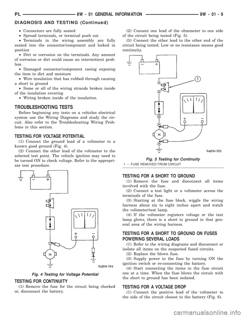 DODGE NEON 2000 Service Repair Manual ²Connectors are fully seated
²Spread terminals, or terminal push out
²Terminals in the wiring assembly are fully
seated into the connector/component and locked in
position
²Dirt or corrosion on th DODGE NEON 2000 Service Repair Manual ²Connectors are fully seated
²Spread terminals, or terminal push out
²Terminals in the wiring assembly are fully
seated into the connector/component and locked in
position
²Dirt or corrosion on th