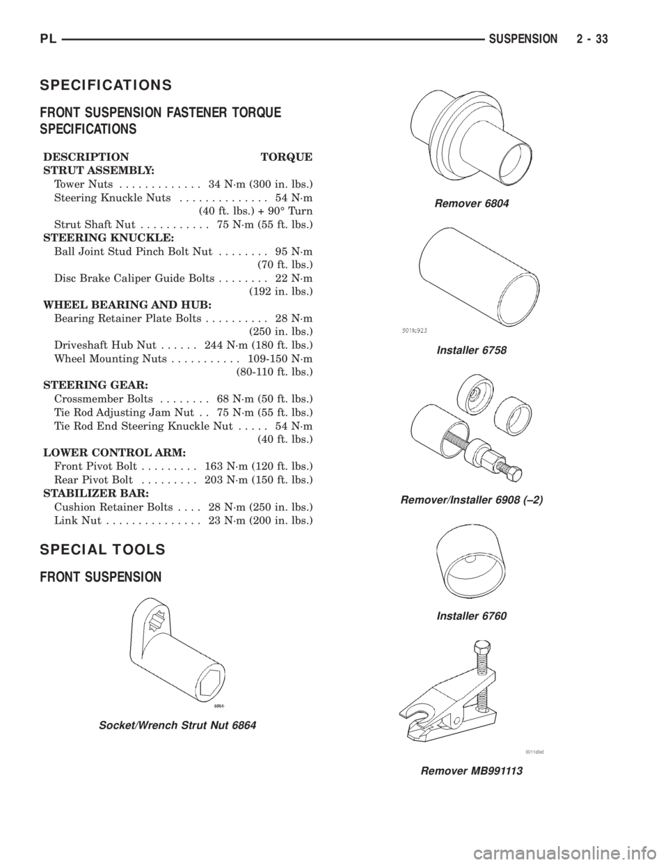 DODGE NEON 2000 Service Service Manual SPECIFICATIONS
FRONT SUSPENSION FASTENER TORQUE
SPECIFICATIONS
DESCRIPTION TORQUE
STRUT ASSEMBLY:
Tower Nuts............. 34N´m(300 in. lbs.)
Steering Knuckle Nuts.............. 54N´m
(40 ft. lbs.) DODGE NEON 2000 Service Service Manual SPECIFICATIONS
FRONT SUSPENSION FASTENER TORQUE
SPECIFICATIONS
DESCRIPTION TORQUE
STRUT ASSEMBLY:
Tower Nuts............. 34N´m(300 in. lbs.)
Steering Knuckle Nuts.............. 54N´m
(40 ft. lbs.)