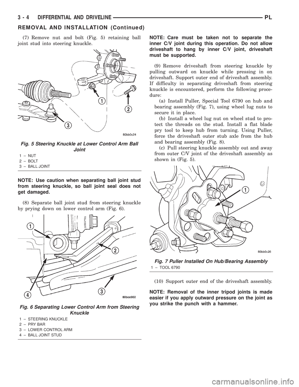 DODGE NEON 2000 Service Manual PDF (7) Remove nut and bolt (Fig. 5) retaining ball
joint stud into steering knuckle.
NOTE: Use caution when separating ball joint stud
from steering knuckle, so ball joint seal does not
get damaged.
(8) DODGE NEON 2000 Service Manual PDF (7) Remove nut and bolt (Fig. 5) retaining ball
joint stud into steering knuckle.
NOTE: Use caution when separating ball joint stud
from steering knuckle, so ball joint seal does not
get damaged.
(8)