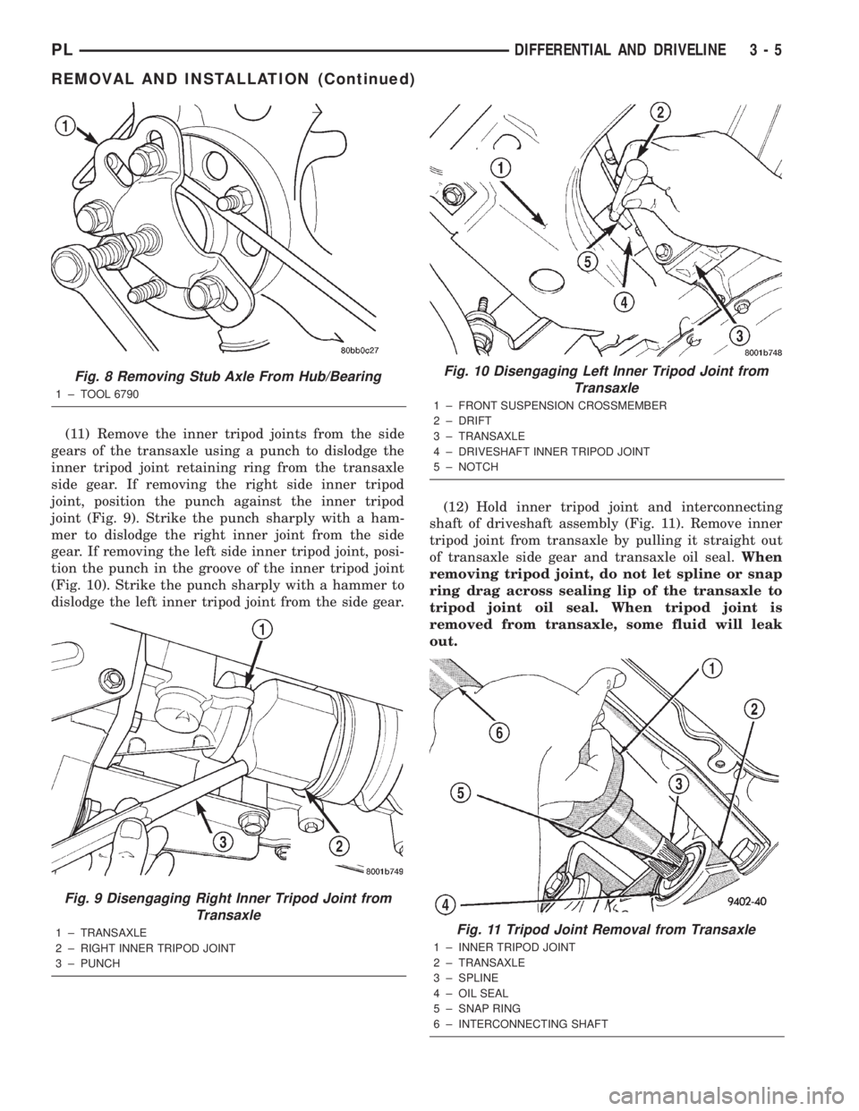 DODGE NEON 2000 Service Manual PDF (11) Remove the inner tripod joints from the side
gears of the transaxle using a punch to dislodge the
inner tripod joint retaining ring from the transaxle
side gear. If removing the right side inner DODGE NEON 2000 Service Manual PDF (11) Remove the inner tripod joints from the side
gears of the transaxle using a punch to dislodge the
inner tripod joint retaining ring from the transaxle
side gear. If removing the right side inner
