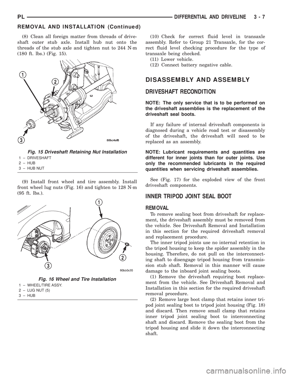 DODGE NEON 2000 Service Manual PDF (8) Clean all foreign matter from threads of drive-
shaft outer stub axle. Install hub nut onto the
threads of the stub axle and tighten nut to 244 N´m
(180 ft. lbs.) (Fig. 15).
(9) Install front whe DODGE NEON 2000 Service Manual PDF (8) Clean all foreign matter from threads of drive-
shaft outer stub axle. Install hub nut onto the
threads of the stub axle and tighten nut to 244 N´m
(180 ft. lbs.) (Fig. 15).
(9) Install front whe