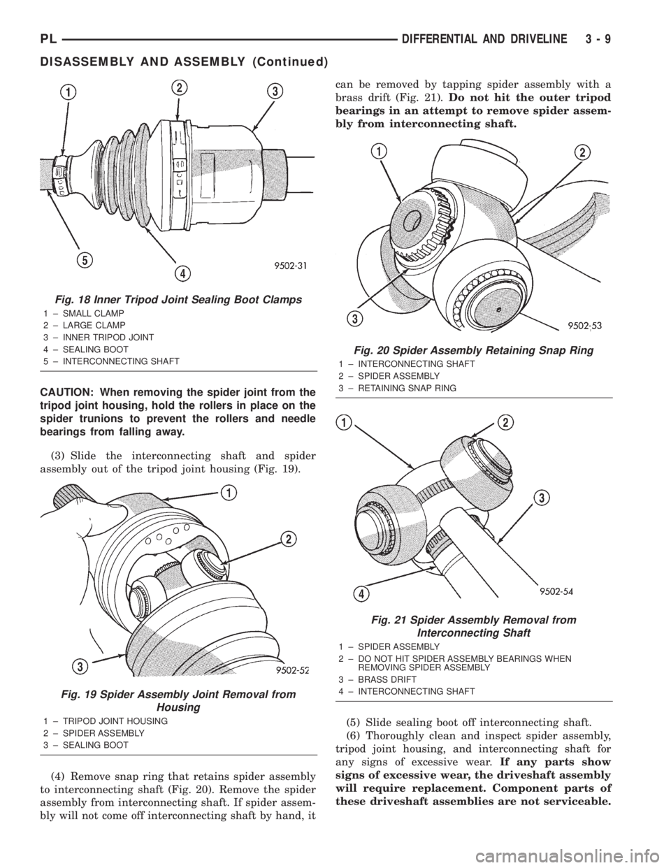 DODGE NEON 2000 Service Manual PDF CAUTION: When removing the spider joint from the
tripod joint housing, hold the rollers in place on the
spider trunions to prevent the rollers and needle
bearings from falling away.
(3) Slide the inte DODGE NEON 2000 Service Manual PDF CAUTION: When removing the spider joint from the
tripod joint housing, hold the rollers in place on the
spider trunions to prevent the rollers and needle
bearings from falling away.
(3) Slide the inte