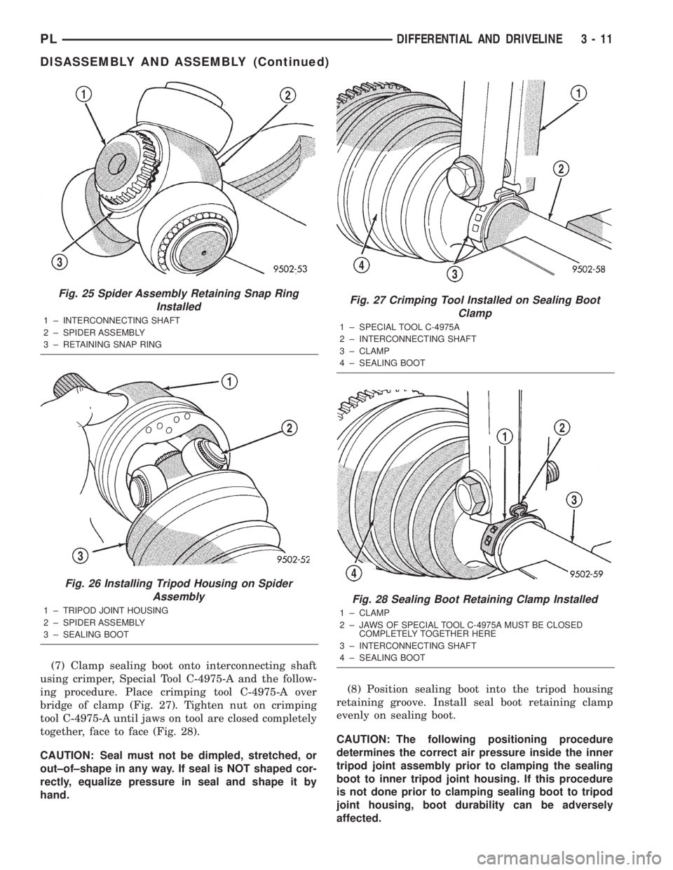 DODGE NEON 2000 Service Manual PDF (7) Clamp sealing boot onto interconnecting shaft
using crimper, Special Tool C-4975-A and the follow-
ing procedure. Place crimping tool C-4975-A over
bridge of clamp (Fig. 27). Tighten nut on crimpi DODGE NEON 2000 Service Manual PDF (7) Clamp sealing boot onto interconnecting shaft
using crimper, Special Tool C-4975-A and the follow-
ing procedure. Place crimping tool C-4975-A over
bridge of clamp (Fig. 27). Tighten nut on crimpi