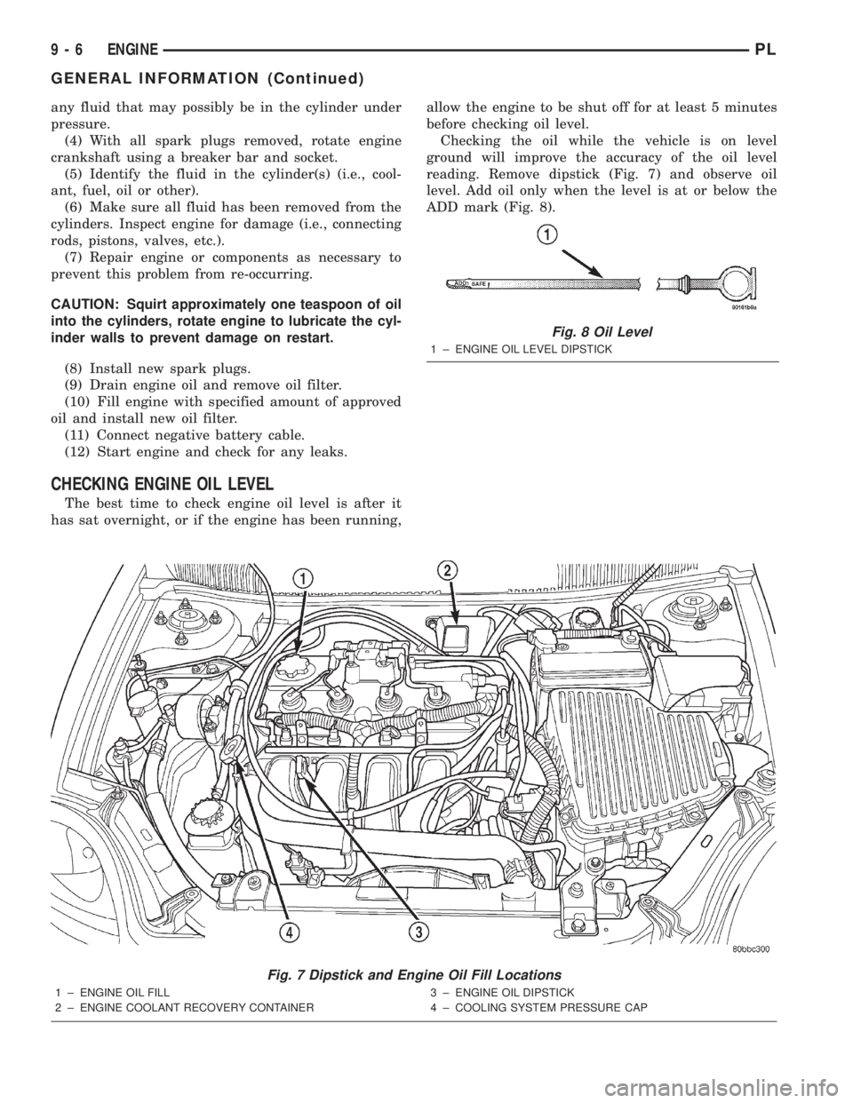 DODGE NEON 2000 Service Repair Manual any fluid that may possibly be in the cylinder under
pressure.
(4) With all spark plugs removed, rotate engine
crankshaft using a breaker bar and socket.
(5) Identify the fluid in the cylinder(s) (i.e DODGE NEON 2000 Service Repair Manual any fluid that may possibly be in the cylinder under
pressure.
(4) With all spark plugs removed, rotate engine
crankshaft using a breaker bar and socket.
(5) Identify the fluid in the cylinder(s) (i.e