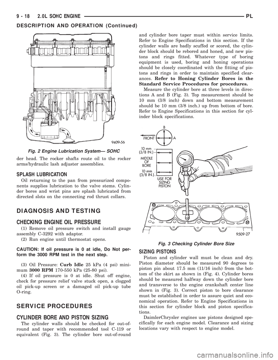 DODGE NEON 2000  Service Repair Manual der head. The rocker shafts route oil to the rocker
arms/hydraulic lash adjuster assemblies.
SPLASH LUBRICATION
Oil returning to the pan from pressurized compo-
nents supplies lubrication to the valve