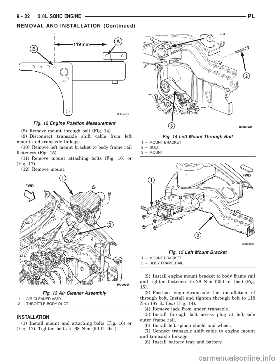 DODGE NEON 2000  Service Repair Manual (8) Remove mount through bolt (Fig. 14).
(9) Disconnect transaxle shift cable from left
mount and transaxle linkage.
(10) Remove left mount bracket to body frame rail
fasteners (Fig. 15).
(11) Remove 