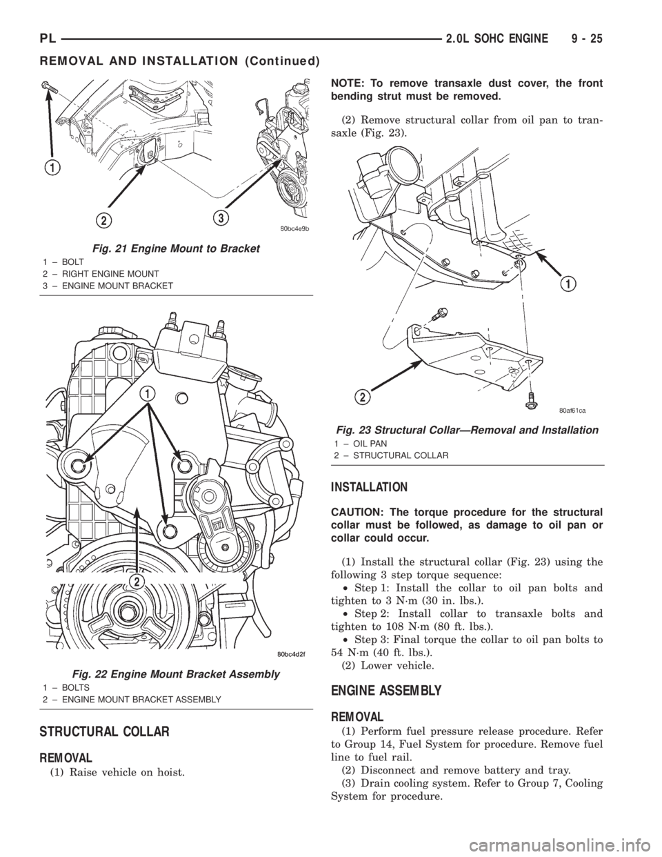 DODGE NEON 2000  Service Repair Manual STRUCTURAL COLLAR
REMOVAL
(1) Raise vehicle on hoist.NOTE: To remove transaxle dust cover, the front
bending strut must be removed.
(2) Remove structural collar from oil pan to tran-
saxle (Fig. 23).
