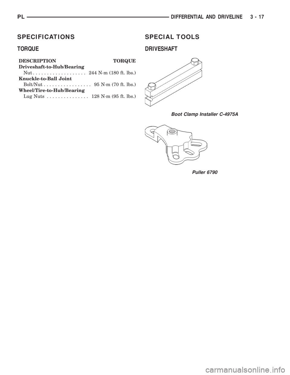DODGE NEON 2000 Service Manual PDF SPECIFICATIONS
TORQUE
DESCRIPTION TORQUE
Driveshaft-to-Hub/Bearing
Nut................... 244N´m(180 ft. lbs.)
Knuckle-to-Ball Joint
Bolt/Nut................. 95N´m(70ft.lbs.)
Wheel/Tire-to-Hub/Bear DODGE NEON 2000 Service Manual PDF SPECIFICATIONS
TORQUE
DESCRIPTION TORQUE
Driveshaft-to-Hub/Bearing
Nut................... 244N´m(180 ft. lbs.)
Knuckle-to-Ball Joint
Bolt/Nut................. 95N´m(70ft.lbs.)
Wheel/Tire-to-Hub/Bear