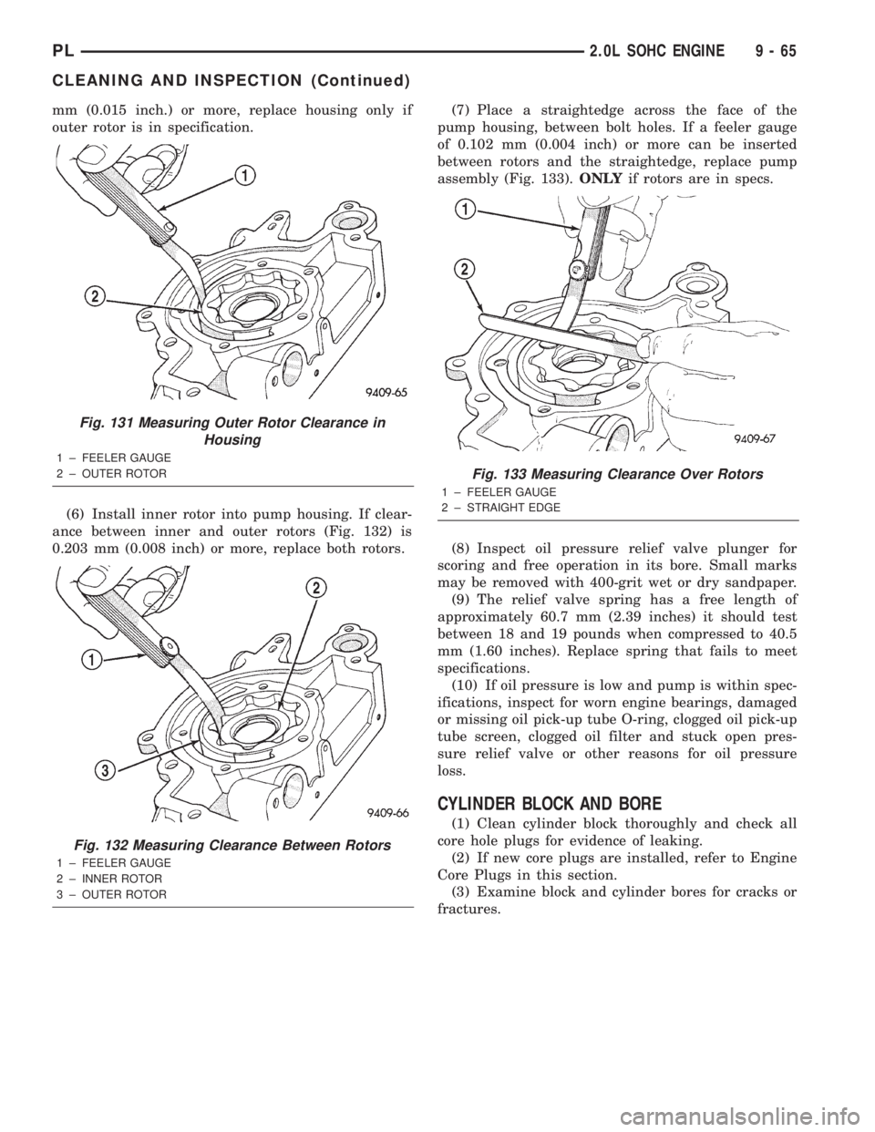 DODGE NEON 2000  Service Repair Manual mm (0.015 inch.) or more, replace housing only if
outer rotor is in specification.
(6) Install inner rotor into pump housing. If clear-
ance between inner and outer rotors (Fig. 132) is
0.203 mm (0.00