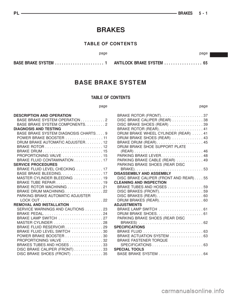 DODGE NEON 2000  Service Repair Manual BRAKES
TABLE OF CONTENTS
page page
BASE BRAKE SYSTEM...................... 1ANTILOCK BRAKE SYSTEM................. 65
BASE BRAKE SYSTEM
TABLE OF CONTENTS
page page
DESCRIPTION AND OPERATION
BASE BRAKE