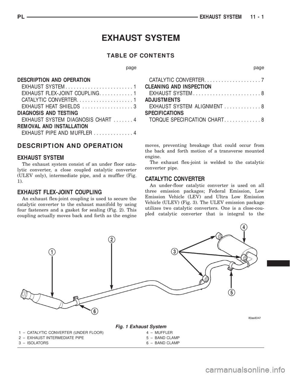 DODGE NEON 2000 Service Repair Manual EXHAUST SYSTEM
TABLE OF CONTENTS
page page
DESCRIPTION AND OPERATION
EXHAUST SYSTEM........................1
EXHAUST FLEX-JOINT COUPLING............1
CATALYTIC CONVERTER....................1
EXHAUST H DODGE NEON 2000 Service Repair Manual EXHAUST SYSTEM
TABLE OF CONTENTS
page page
DESCRIPTION AND OPERATION
EXHAUST SYSTEM........................1
EXHAUST FLEX-JOINT COUPLING............1
CATALYTIC CONVERTER....................1
EXHAUST H