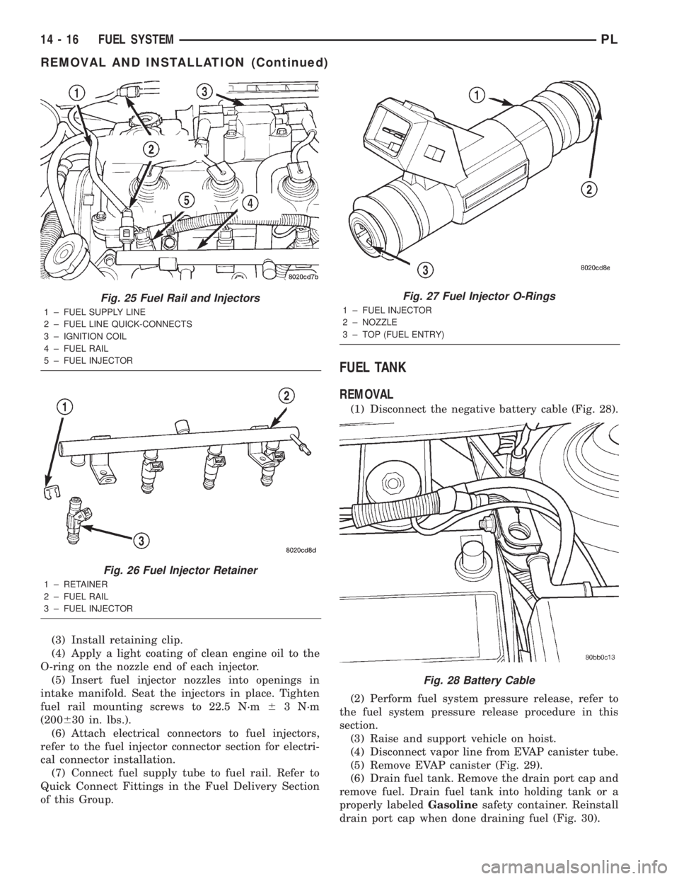 DODGE NEON 2000 Service Repair Manual (3) Install retaining clip.
(4) Apply a light coating of clean engine oil to the
O-ring on the nozzle end of each injector.
(5) Insert fuel injector nozzles into openings in
intake manifold. Seat the DODGE NEON 2000 Service Repair Manual (3) Install retaining clip.
(4) Apply a light coating of clean engine oil to the
O-ring on the nozzle end of each injector.
(5) Insert fuel injector nozzles into openings in
intake manifold. Seat the