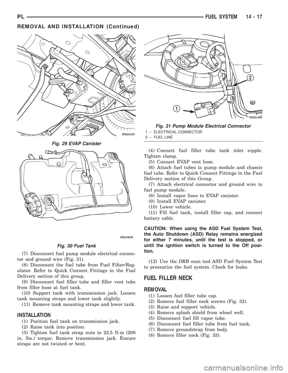 DODGE NEON 2000 Service Repair Manual (7) Disconnect fuel pump module electrical connec-
tor and ground wire (Fig. 31).
(8) Disconnect the fuel tube from Fuel Filter/Reg-
ulator. Refer to Quick Connect Fittings in the Fuel
Delivery sectio DODGE NEON 2000 Service Repair Manual (7) Disconnect fuel pump module electrical connec-
tor and ground wire (Fig. 31).
(8) Disconnect the fuel tube from Fuel Filter/Reg-
ulator. Refer to Quick Connect Fittings in the Fuel
Delivery sectio