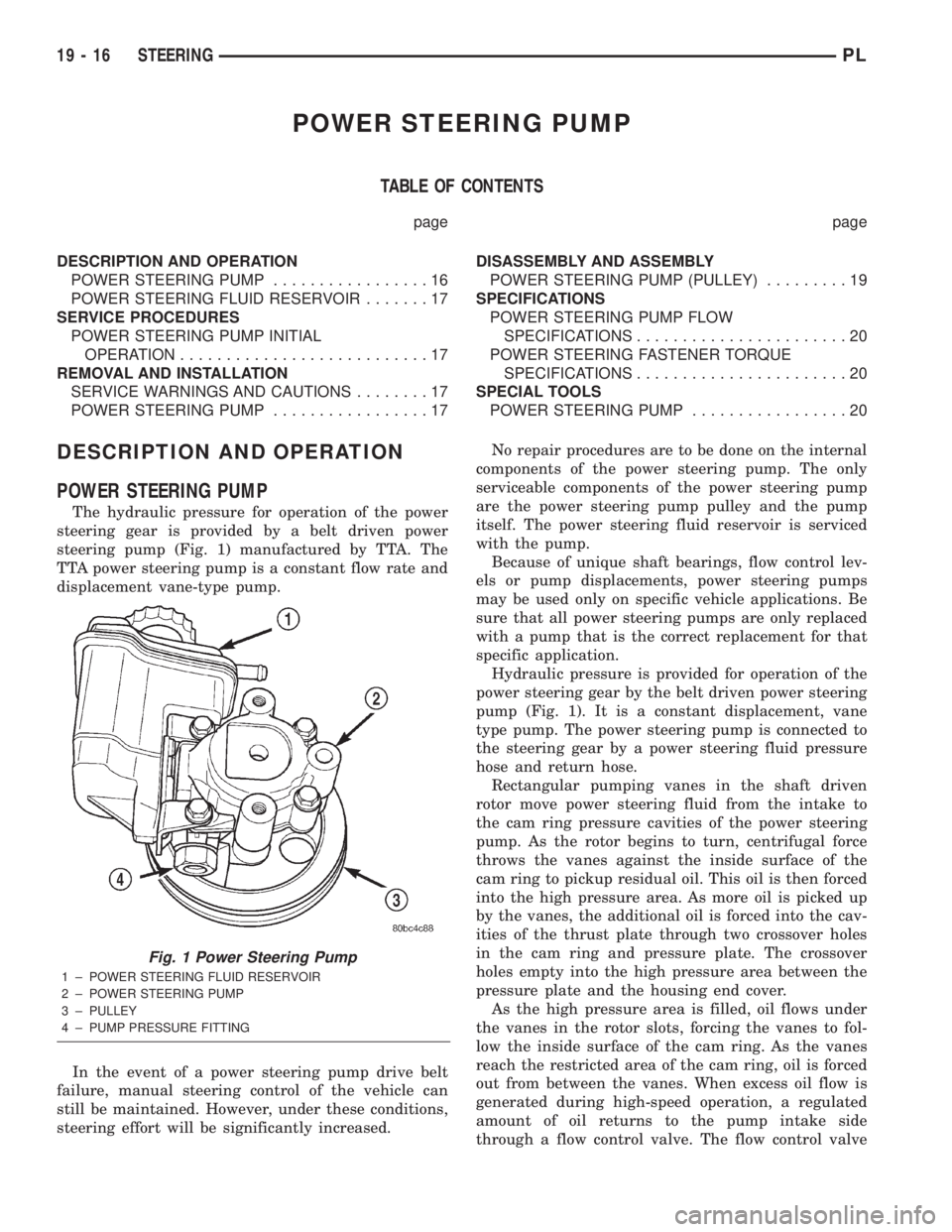 DODGE NEON 2000  Service Repair Manual POWER STEERING PUMP
TABLE OF CONTENTS
page page
DESCRIPTION AND OPERATION
POWER STEERING PUMP.................16
POWER STEERING FLUID RESERVOIR.......17
SERVICE PROCEDURES
POWER STEERING PUMP INITIAL
