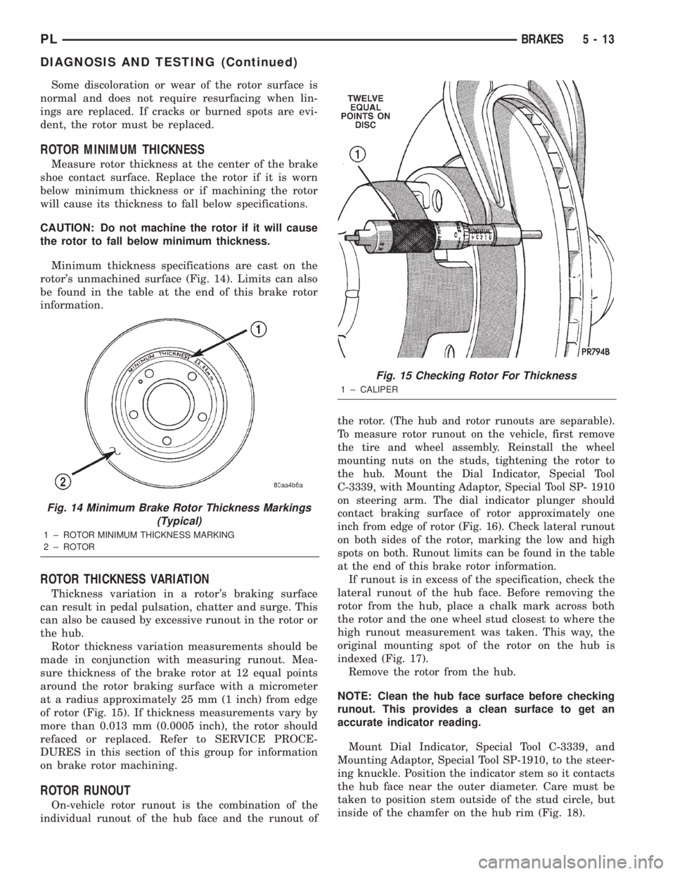 DODGE NEON 2000 Service Owners Manual Some discoloration or wear of the rotor surface is
normal and does not require resurfacing when lin-
ings are replaced. If cracks or burned spots are evi-
dent, the rotor must be replaced.
ROTOR MINIM DODGE NEON 2000 Service Owners Manual Some discoloration or wear of the rotor surface is
normal and does not require resurfacing when lin-
ings are replaced. If cracks or burned spots are evi-
dent, the rotor must be replaced.
ROTOR MINIM