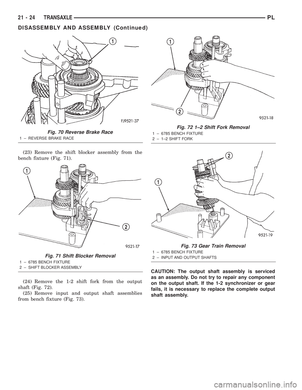 DODGE NEON 2000 Service Repair Manual (23) Remove the shift blocker assembly from the
bench fixture (Fig. 71).
(24) Remove the 1-2 shift fork from the output
shaft (Fig. 72).
(25) Remove input and output shaft assemblies
from bench fixtur DODGE NEON 2000 Service Repair Manual (23) Remove the shift blocker assembly from the
bench fixture (Fig. 71).
(24) Remove the 1-2 shift fork from the output
shaft (Fig. 72).
(25) Remove input and output shaft assemblies
from bench fixtur