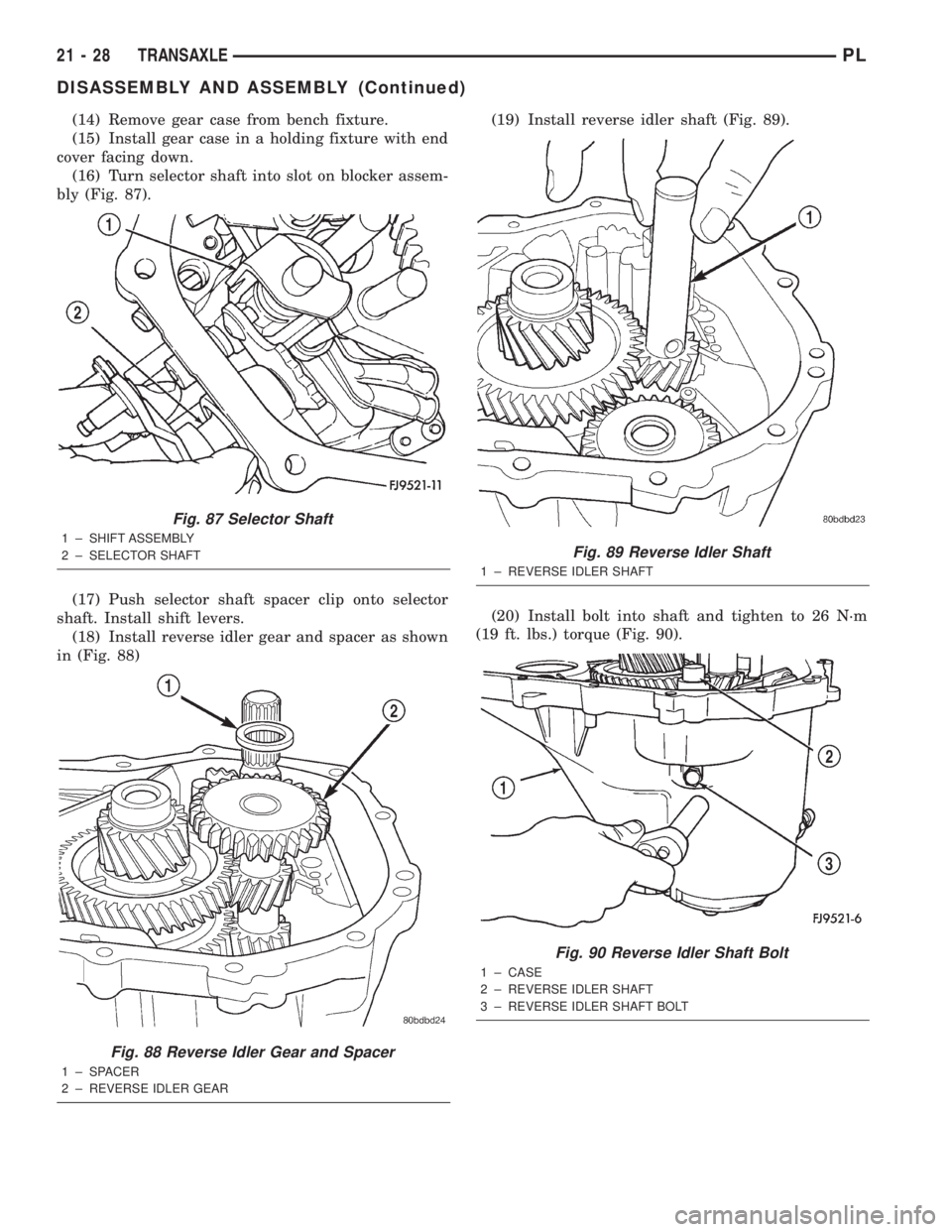 DODGE NEON 2000 Service Repair Manual (14) Remove gear case from bench fixture.
(15) Install gear case in a holding fixture with end
cover facing down.
(16) Turn selector shaft into slot on blocker assem-
bly (Fig. 87).
(17) Push selector DODGE NEON 2000 Service Repair Manual (14) Remove gear case from bench fixture.
(15) Install gear case in a holding fixture with end
cover facing down.
(16) Turn selector shaft into slot on blocker assem-
bly (Fig. 87).
(17) Push selector