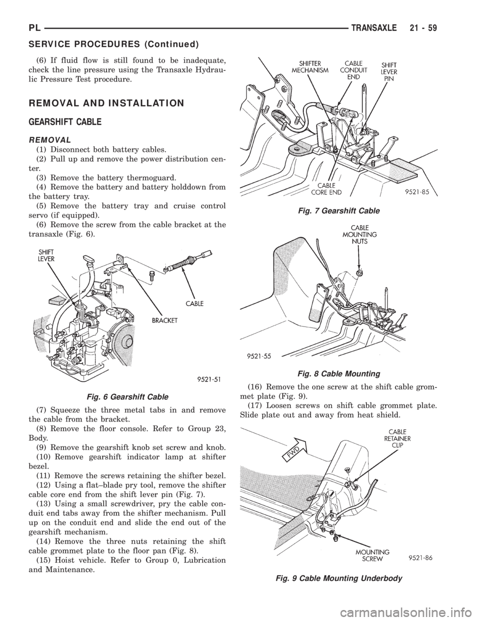 DODGE NEON 1999 Service Repair Manual (6) If fluid flow is still found to be inadequate,
check the line pressure using the Transaxle Hydrau-
lic Pressure Test procedure.
REMOVAL AND INSTALLATION
GEARSHIFT CABLE
REMOVAL
(1) Disconnect both DODGE NEON 1999 Service Repair Manual (6) If fluid flow is still found to be inadequate,
check the line pressure using the Transaxle Hydrau-
lic Pressure Test procedure.
REMOVAL AND INSTALLATION
GEARSHIFT CABLE
REMOVAL
(1) Disconnect both
