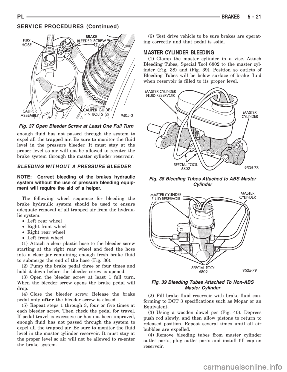 DODGE NEON 1999  Service Repair Manual enough fluid has not passed through the system to
expel all the trapped air. Be sure to monitor the fluid
level in the pressure bleeder. It must stay at the
proper level so air will not be allowed to 