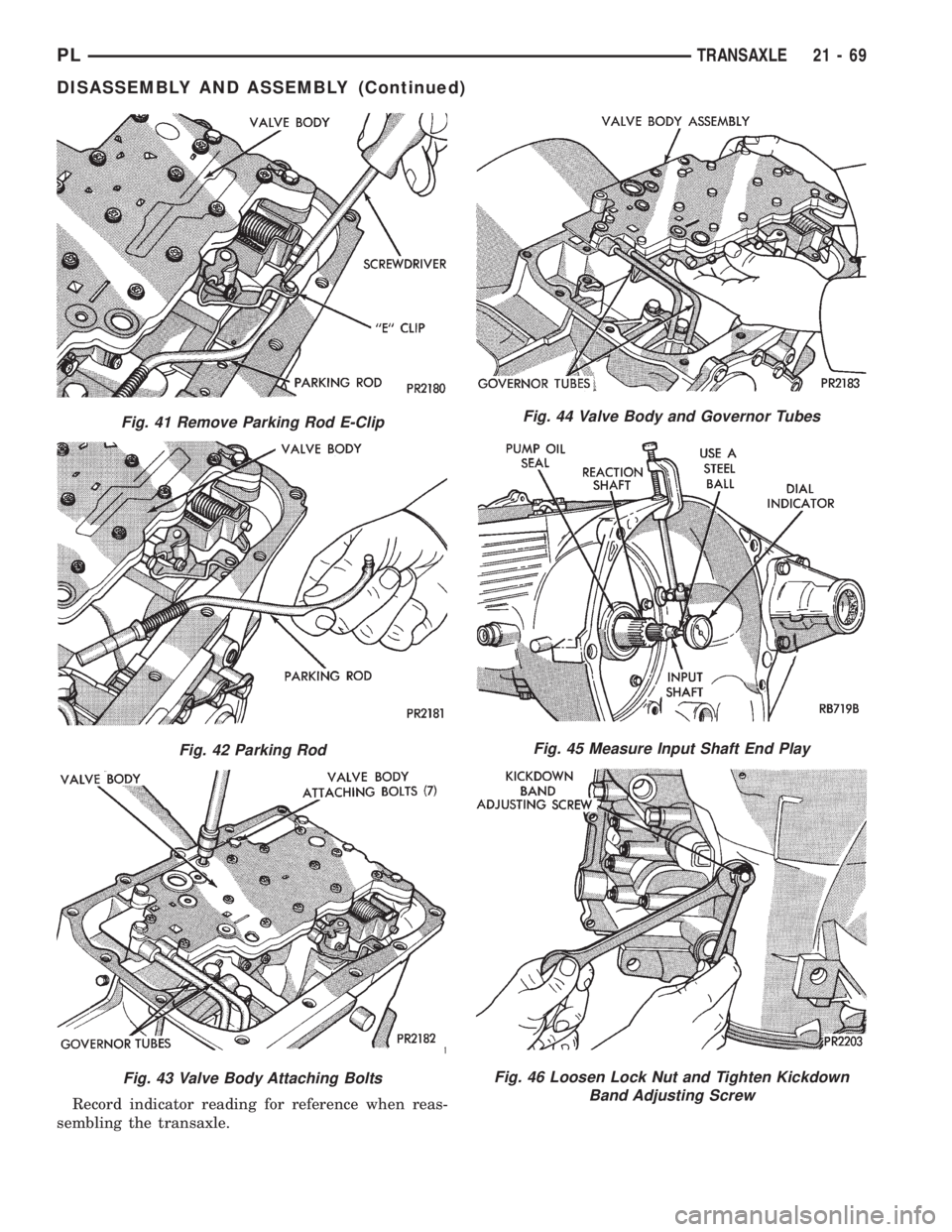 DODGE NEON 1999  Service Repair Manual Record indicator reading for reference when reas-
sembling the transaxle.
Fig. 41 Remove Parking Rod E-Clip
Fig. 42 Parking Rod
Fig. 43 Valve Body Attaching Bolts
Fig. 44 Valve Body and Governor Tubes